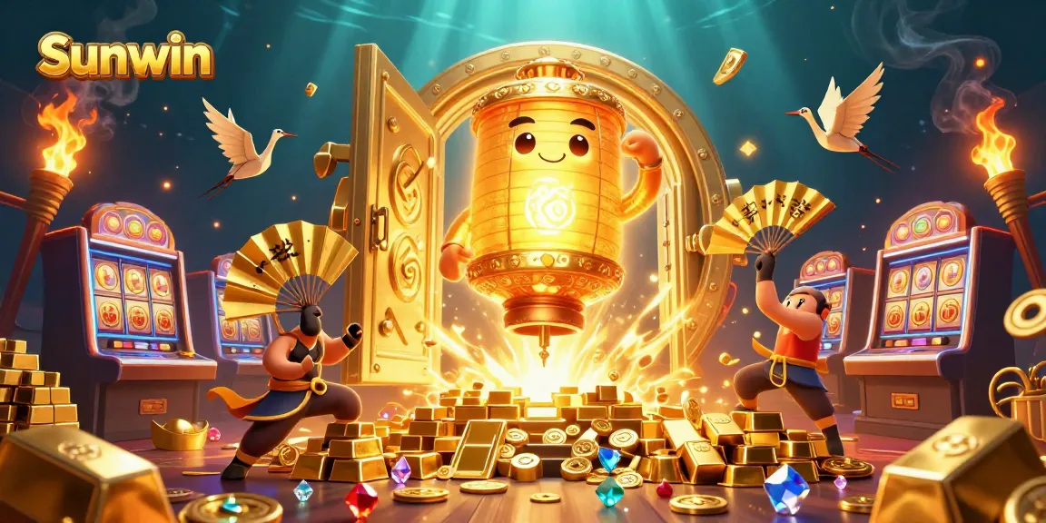 Experience the thrill of Sunwin casino with glowing lantern spirits amidst dynamic slot machines and treasures.