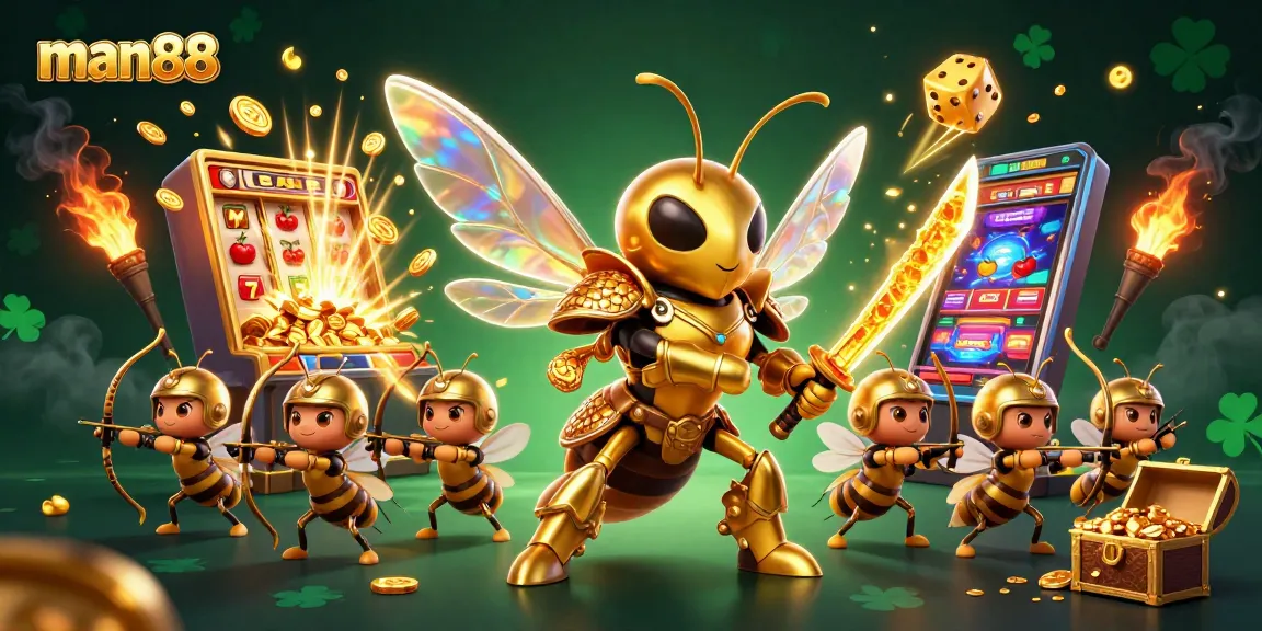 Experience the thrill of man88 as the golden hornet samurai battles for casino jackpots amidst vibrant gaming elements.