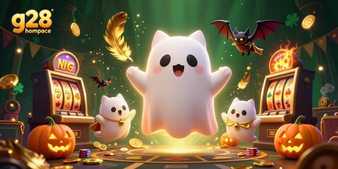 Spin to win at the g28 homepage with a ghost cat and slot machine excitement in a haunted casino