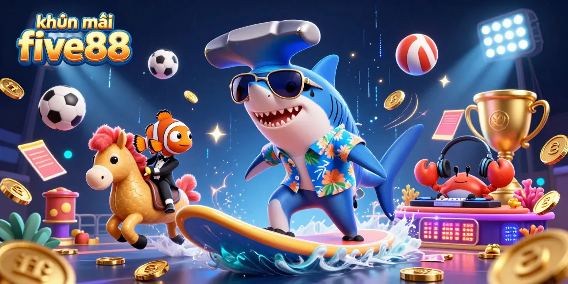 Engage with khuyến mãi five88 through vibrant casino-themed 3D illustration featuring dynamic characters and gaming elements.