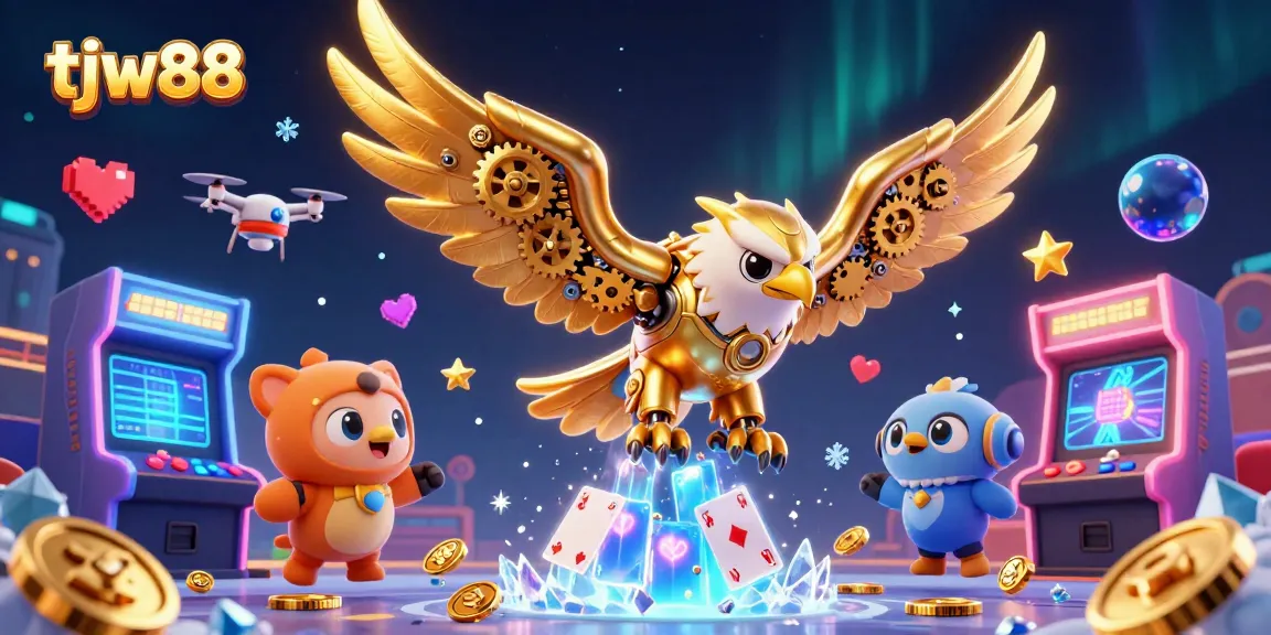 Experience dynamic gameplay action at tjw88 with a cybernetic golden eagle surrounded by vibrant casino elements.