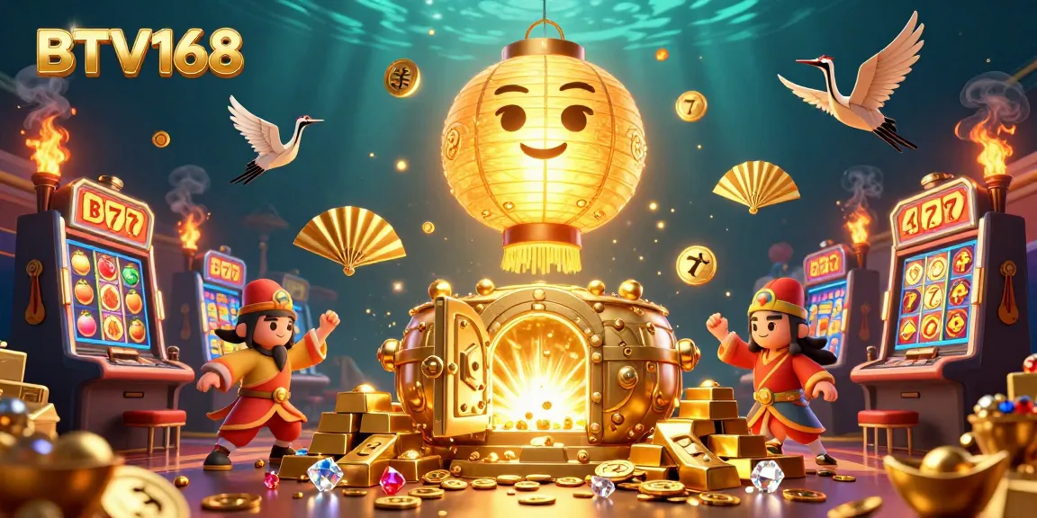 BTV168 promotes an energetic online casino experience with vibrant golden lanterns, slot machines, and treasure-filled vaults.