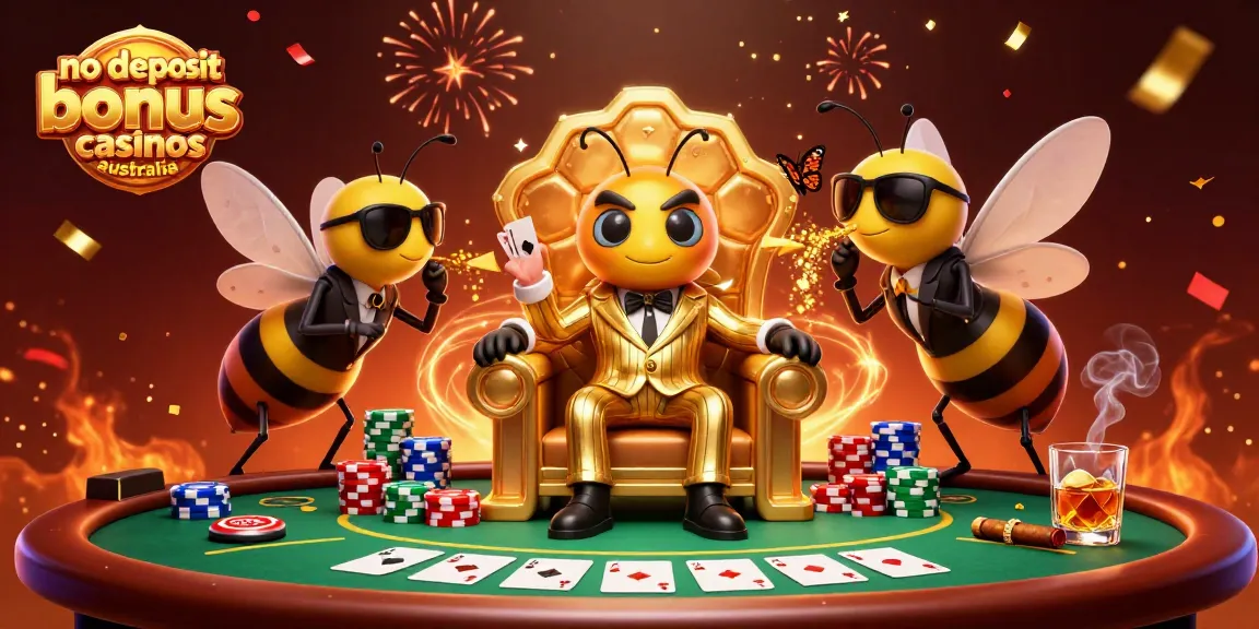 No deposit bonus casinos Australia illustration featuring a bumblebee mob boss, poker elements, and festive decorations.