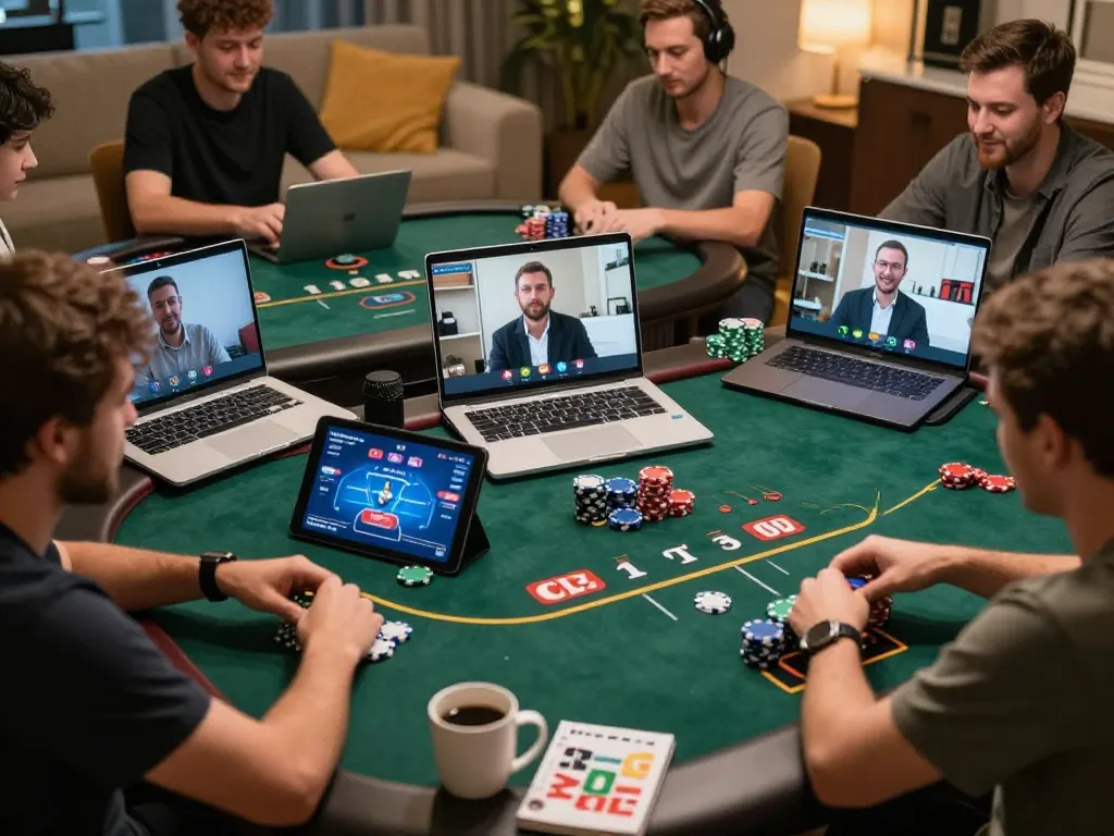 Engaged players at a virtual poker game strategizing their bets on 78WIN online platform.