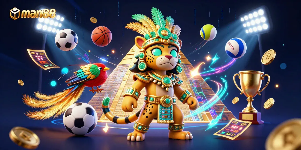 Experience high-stakes action at man88 with vibrant sports betting elements and captivating Mayan characters.