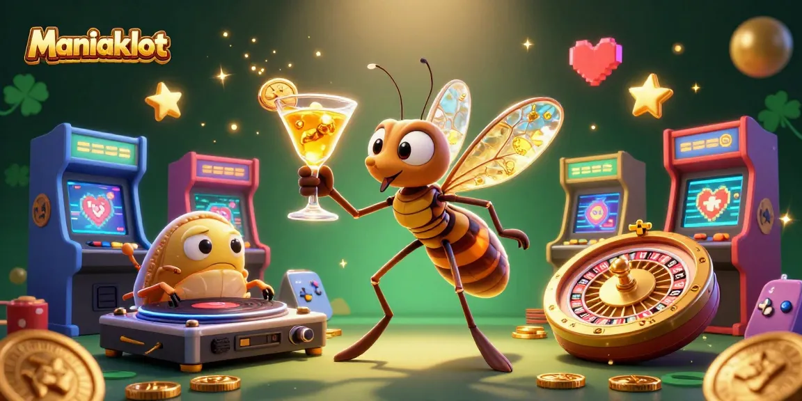 Join the fun at Maniakslot with a lively casino scene featuring vibrant characters and classic gaming elements.
