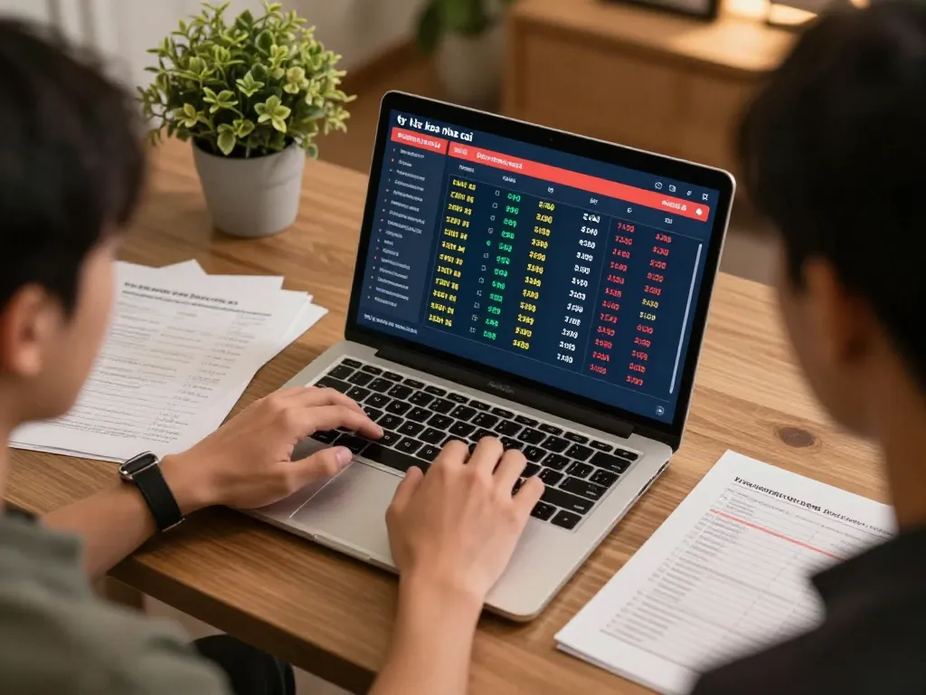Engaged bettor analyzing ty le keo nha cai on a laptop in a cozy home environment
