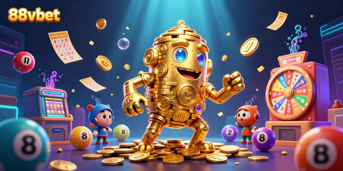 Engage your luck at 88vbet with vibrant casino elements featuring a golden golem and dynamic lottery visuals.