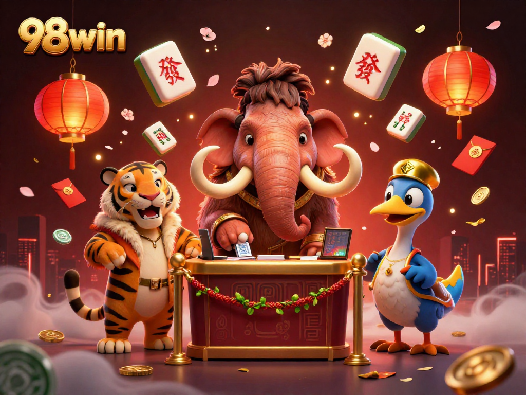 Experience the excitement at 98win with our cartoon casino scene featuring unique characters and vibrant game elements.
