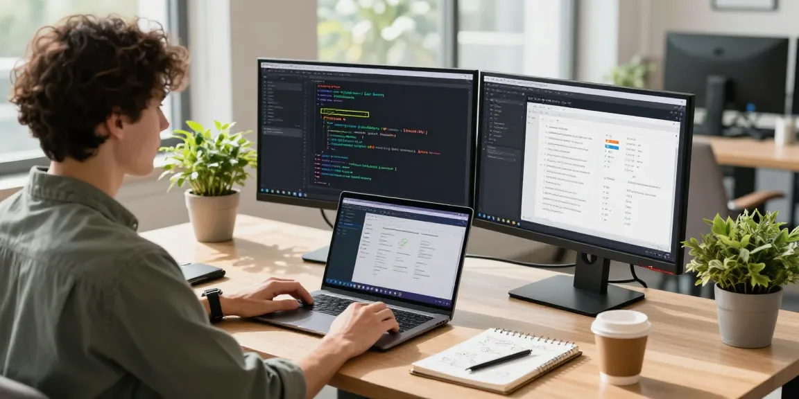 快连 technology workspace where a developer codes on dual monitors in a bright office setting, reflecting modern software development.