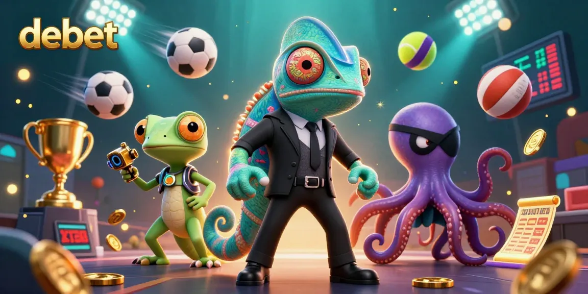 Bet on exciting sports with debet, featuring a vibrant scene with animated characters and dynamic betting elements.