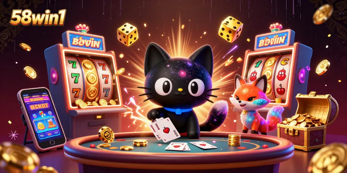 Engage in thrilling gameplay with 58win1, featuring a cosmic cat and vibrant casino elements.