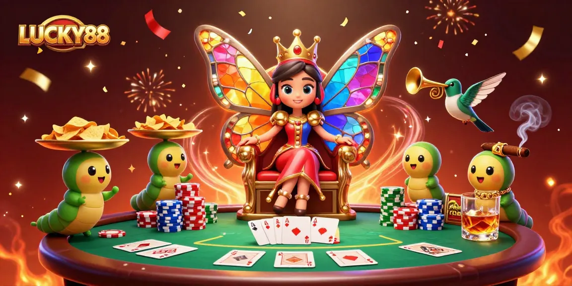 Engage with LUCKY88 slots while admiring a vibrant 3D scene filled with poker elements.