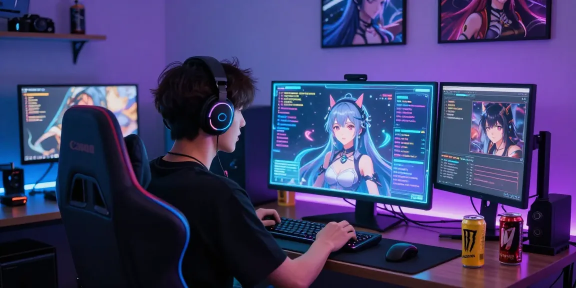 Engaging user experience in AI hentai chat featuring animated characters and a sleek gaming setup.
