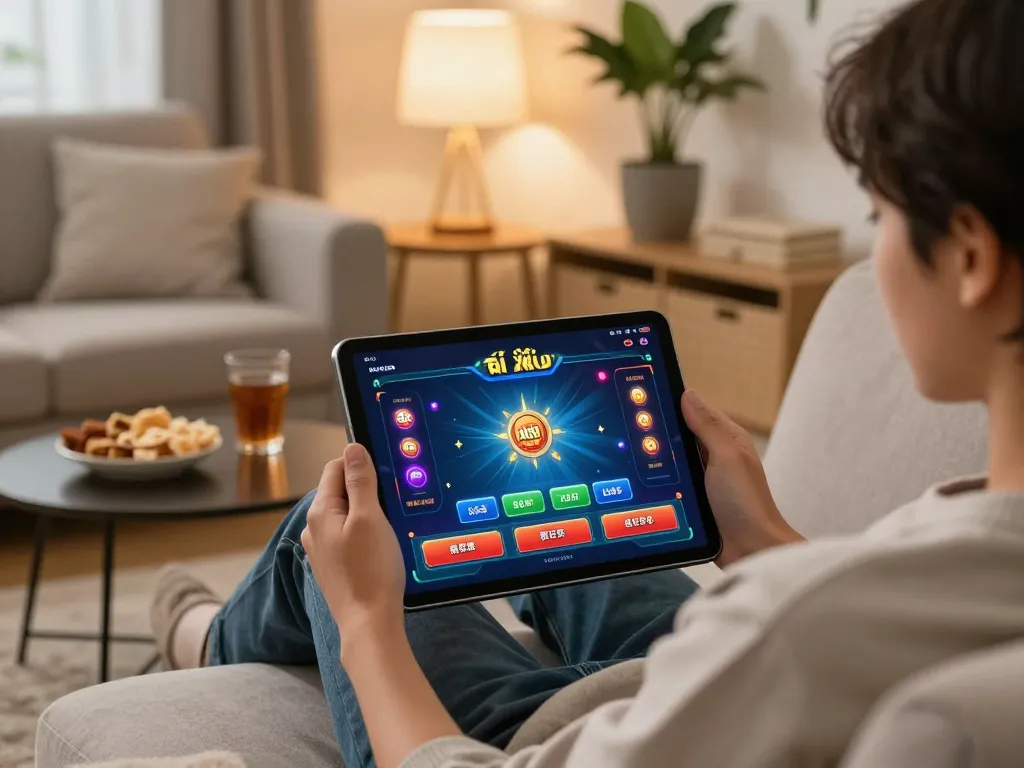 Engaging in app tài xỉu online uy tín on a tablet in a cozy home setting.