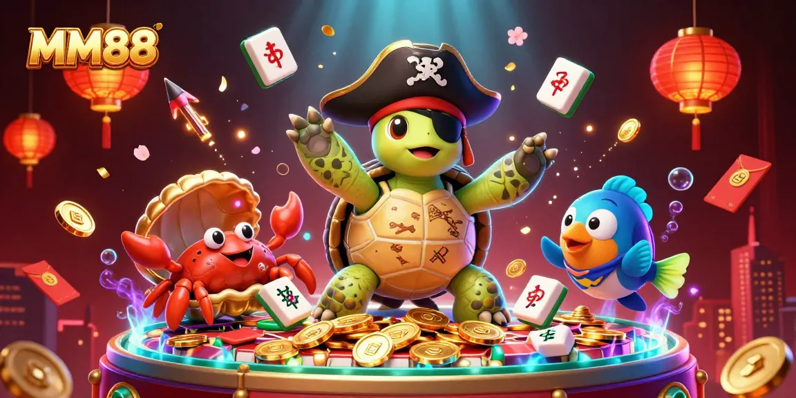 Experience the thrill of MM88 with cartoon characters celebrating over vibrant slot machines and gold coins.