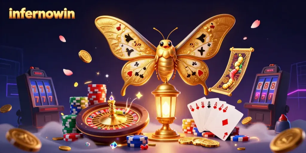 Engage in dynamic casino action with infernowin as golden moths and vibrant gaming elements illuminate the scene.