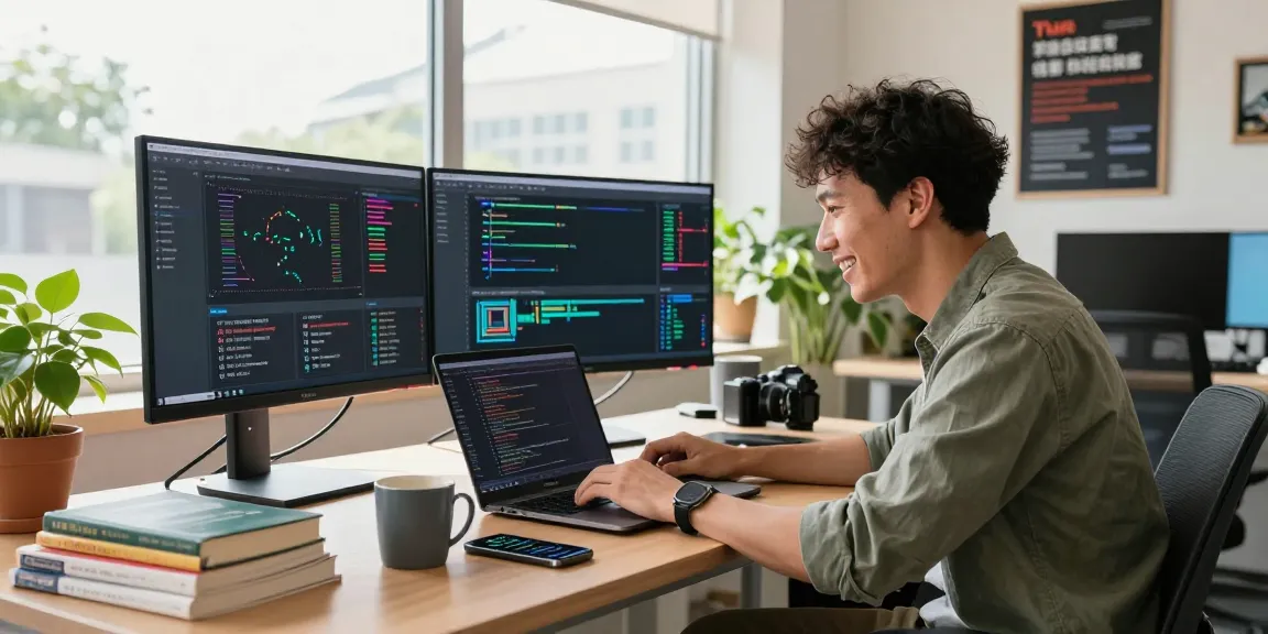 Developer optimizing network solutions with 快连 in a modern office workspace.