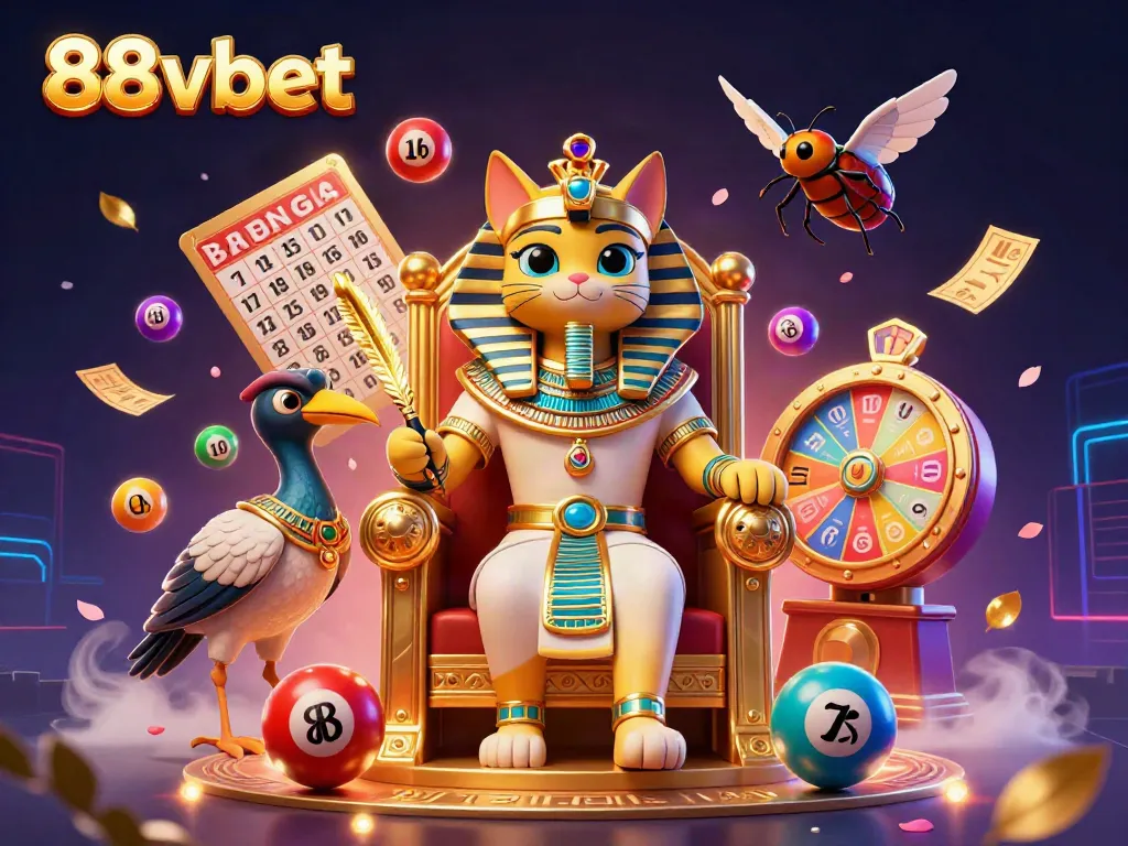 Join the excitement at 88vbet with a vibrant scene of fortune, featuring a royal pharaoh cat surrounded by golden prizes and lottery elements.