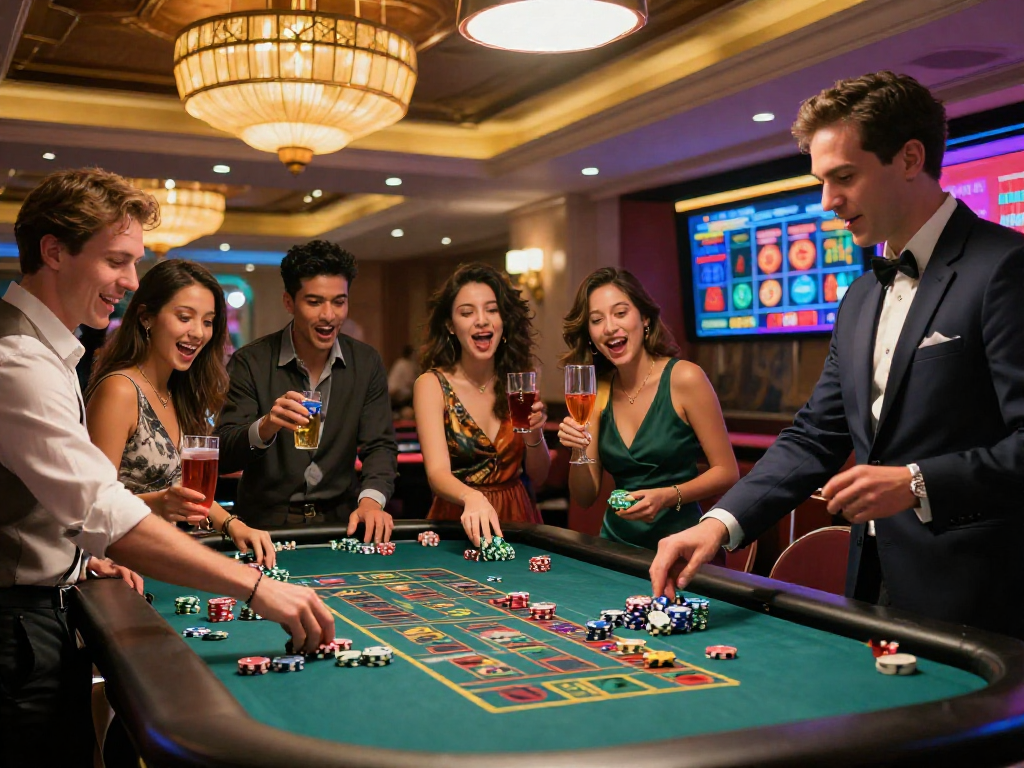 Gioco al casino non AAMS con amici emozionati al tavolo della roulette, luci vivaci e atmosfera vibrante.