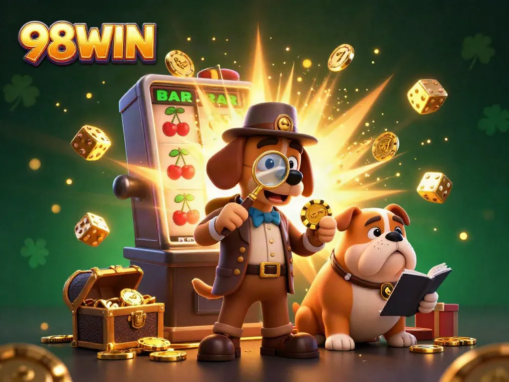 Experience the thrill of 98WIN with a cartoon detective uncovering casino secrets amidst a jackpot explosion.
