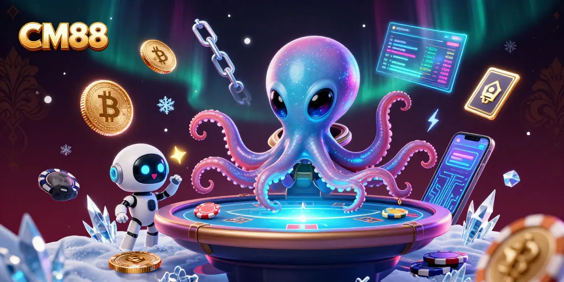 Experience CM88's colorful space casino with a glowing octopus and crypto elements.