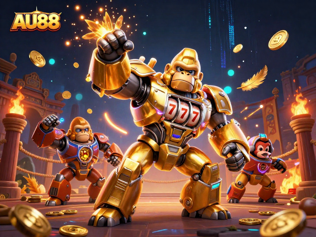 Experience thrilling wins at AU88 with a golden gorilla mech and spinning slot reels!