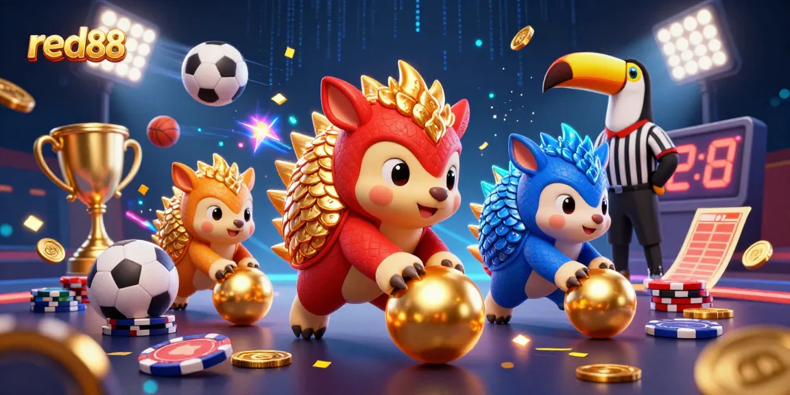 Engage in the excitement of red88 with rival pangolins bowling through poker chips amidst sports elements.