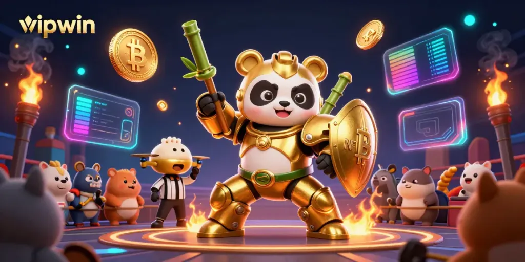 Engage in thrilling action with vipwin's arcade-style gameplay featuring a mech-suit panda and digital assets.