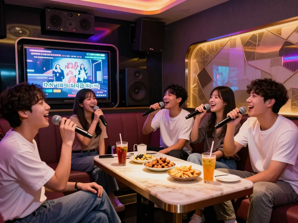친구들과 함께하는 www.3no.org/bupyeong 바에서의 활기찬 밤, 화려한 조명과 생동감 넘치는 노래방 분위기.