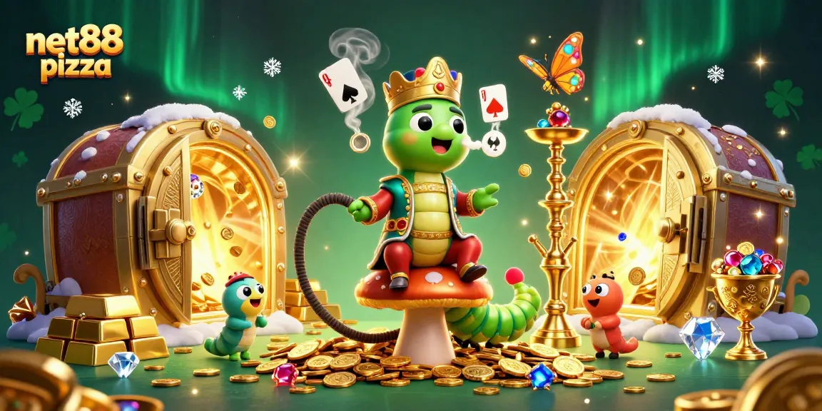 Engage with net88 pizza's vibrant casino world, featuring animated poker symbols and shimmering treasures.