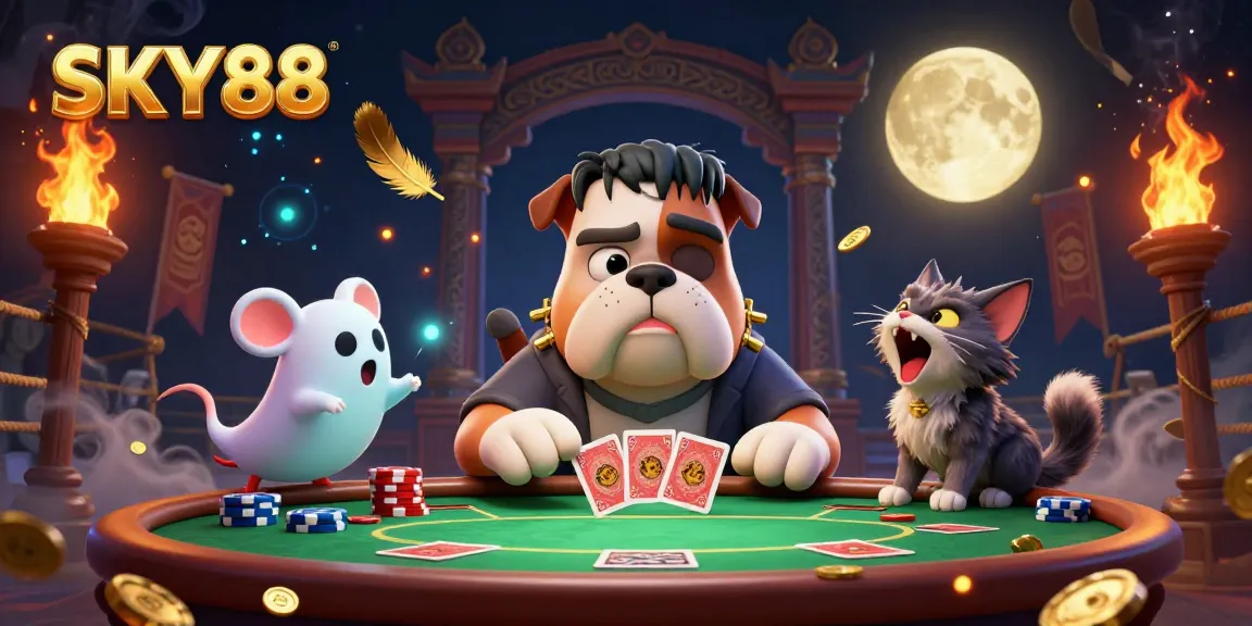 SKY88 casino illustration showcasing a Frankenstein bulldog monster dealing cards amidst gold coins and chips.