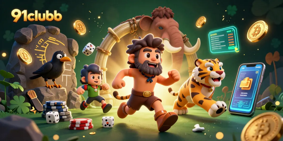 Engage in thrilling bets with 91clubb's vibrant scene featuring caveman casino antics.