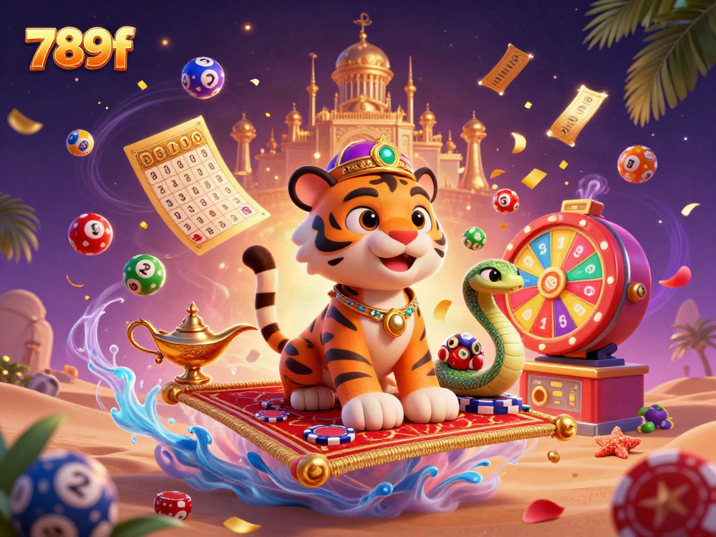 Immerse in the magical world of 789f with a vibrant casino scene featuring a tiger sultan, lottery elements, and dynamism.