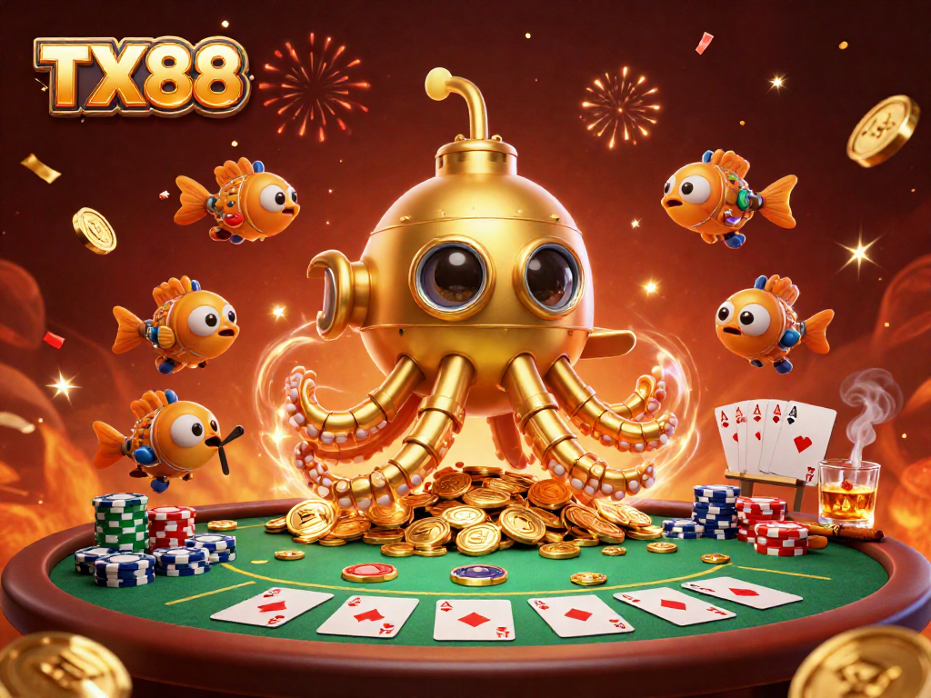 Experience the excitement of TX88 with a vibrant underwater casino scene featuring a kraken and mechanical fish.