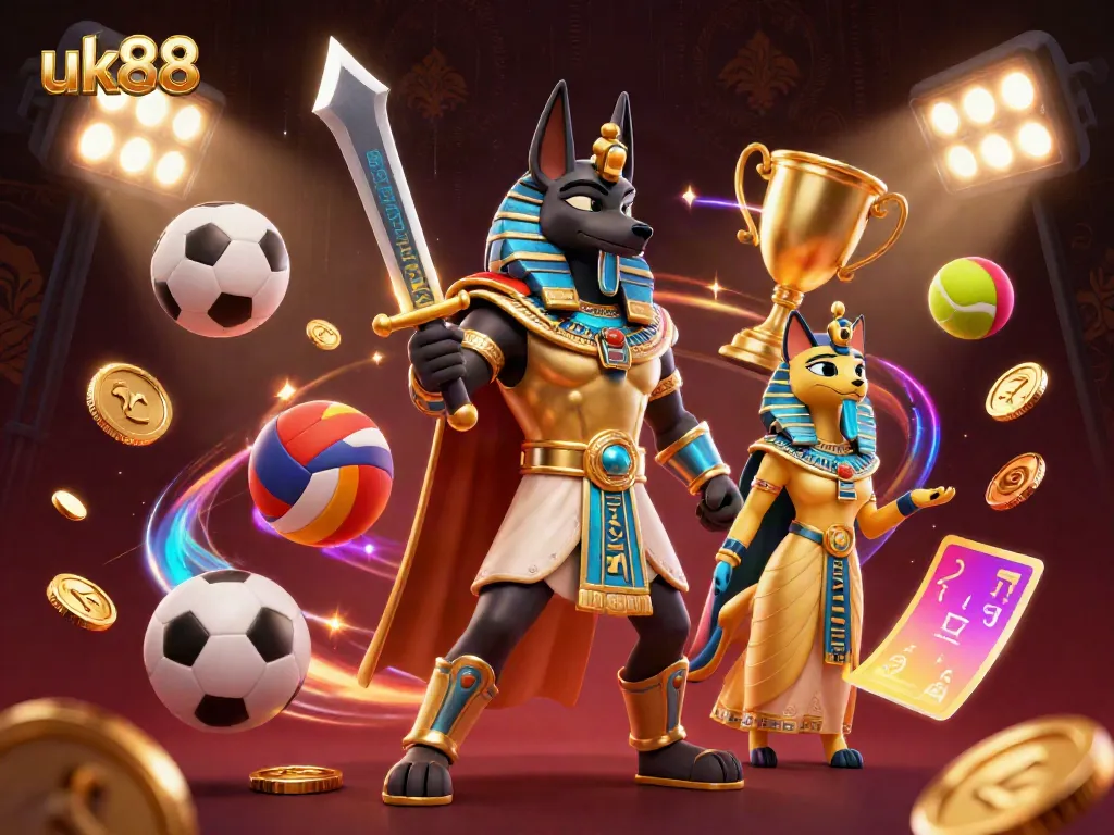 Experience the excitement of gambling at uk88 with an Egyptian warrior and sacred cat in a vibrant casino scene.
