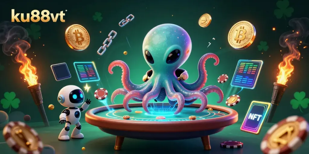 Experience thrilling poker action with ku88vt's iconic alien octopus dealer at the holographic table.