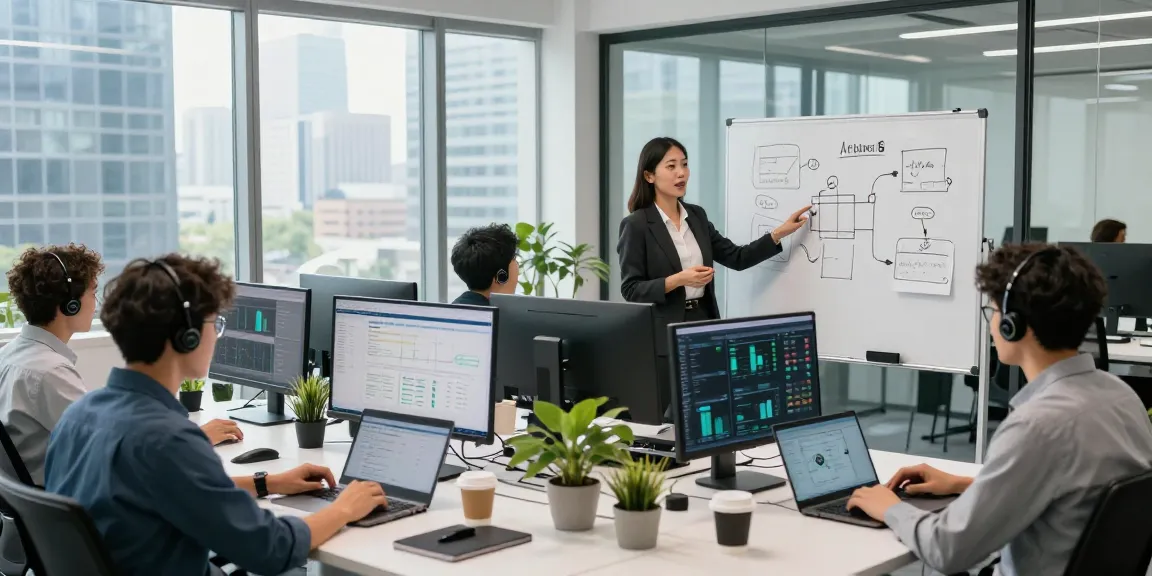 Dynamic team showcasing business IT support services in a modern office environment, engaging with technology and collaborative solutions.