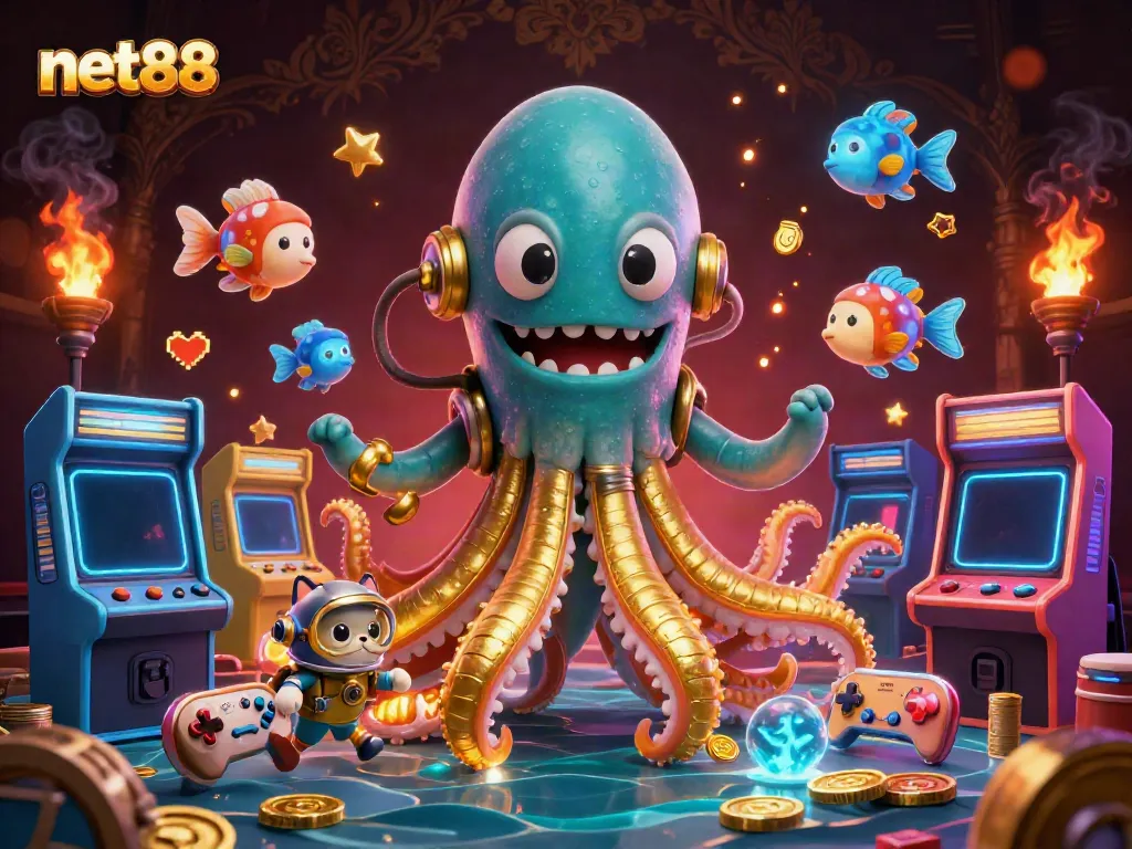 Engage in thrilling gameplay at net88 with a dynamic 3D casino illustration featuring a kraken, diving cat, and arcade elements.