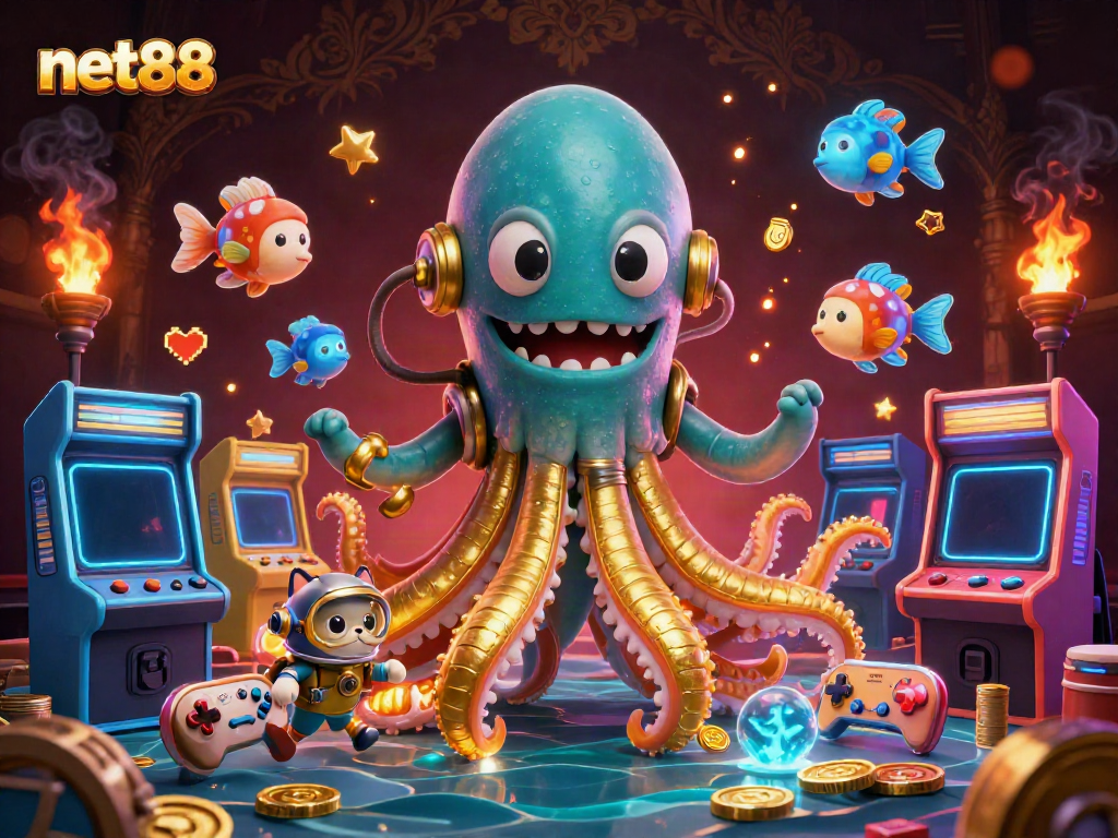 Engage in thrilling gameplay at net88 with a dynamic 3D casino illustration featuring a kraken, diving cat, and arcade elements.