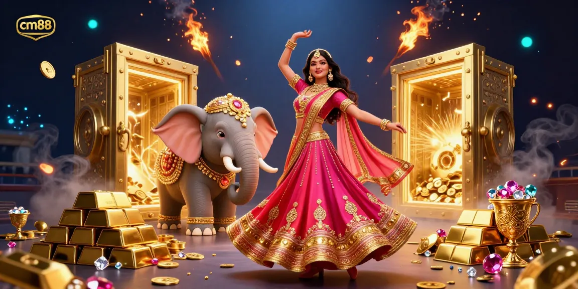 Experience the thrill of cm88 with a dazzling 3D casino scene filled with gold treasures and vibrant energy.