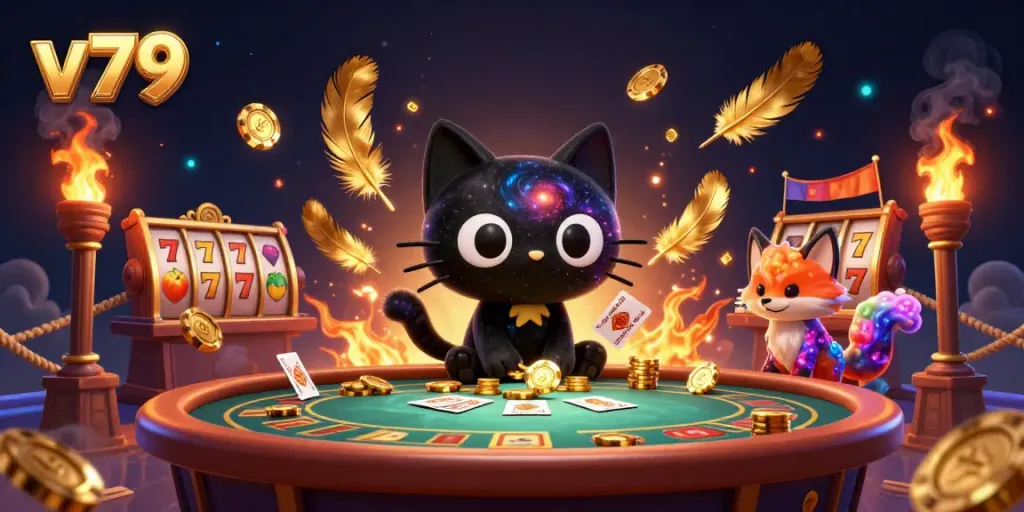 Experience a cosmic vortex of excitement with the v79 casino scene featuring a black hole cat and nebula fox!
