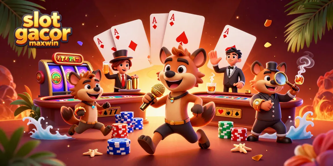 Engage with slot gacor maxwin in this vibrant scene of hyenas hosting a lively casino.