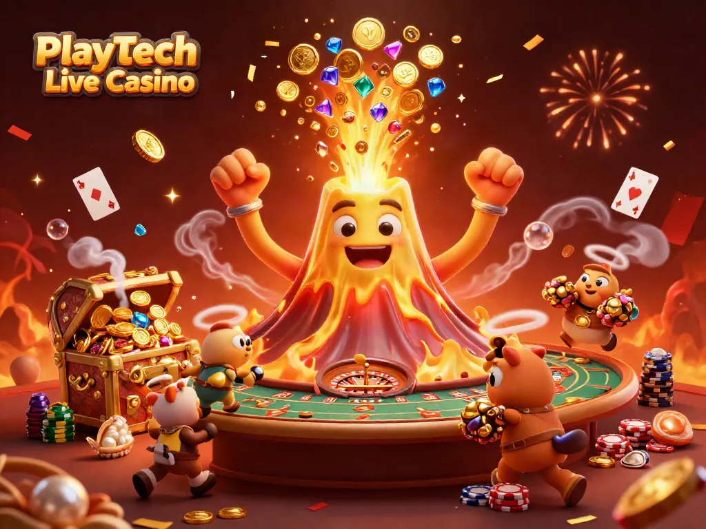 Experience Playtech Live Casino with vibrant characters and exciting elements in this lively illustration.