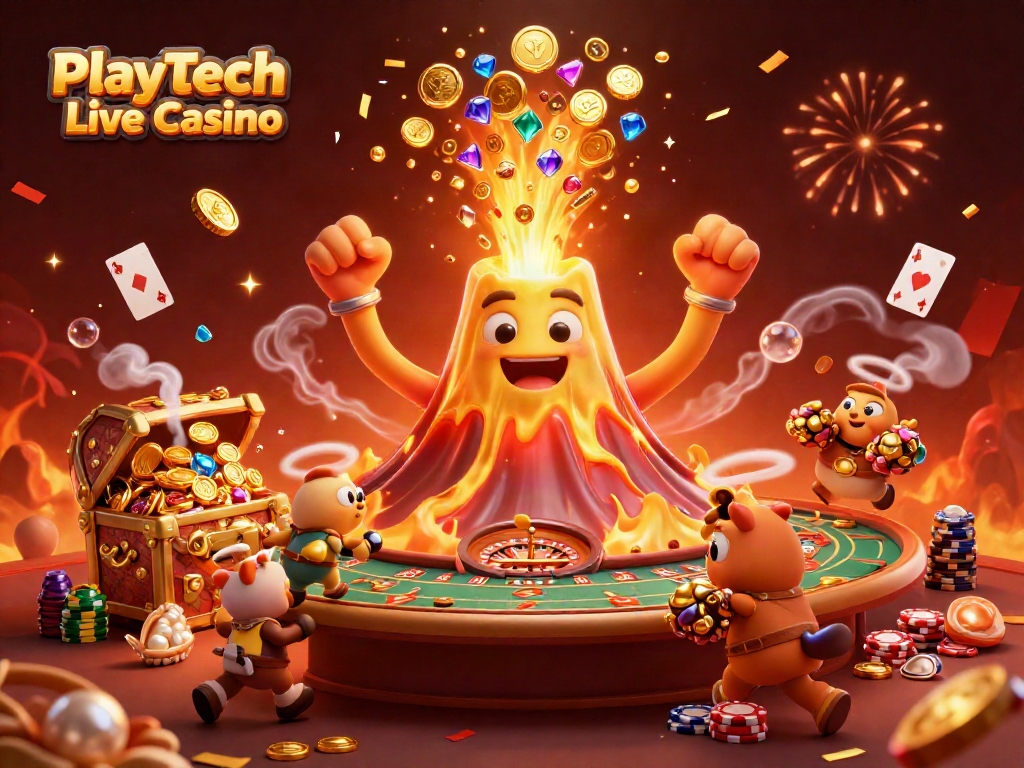 Experience Playtech Live Casino with vibrant characters and exciting elements in this lively illustration.