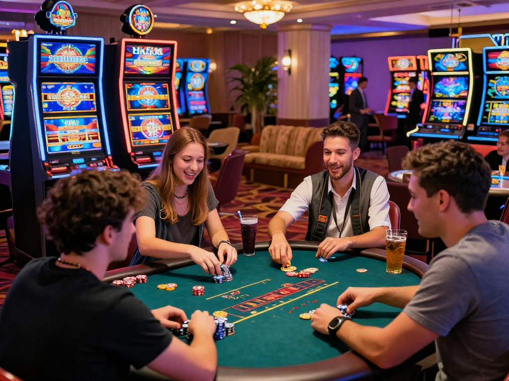 Divertimento al casinò non AAMS con amici, slot machine, poker e roulette, atmosfera festiva.