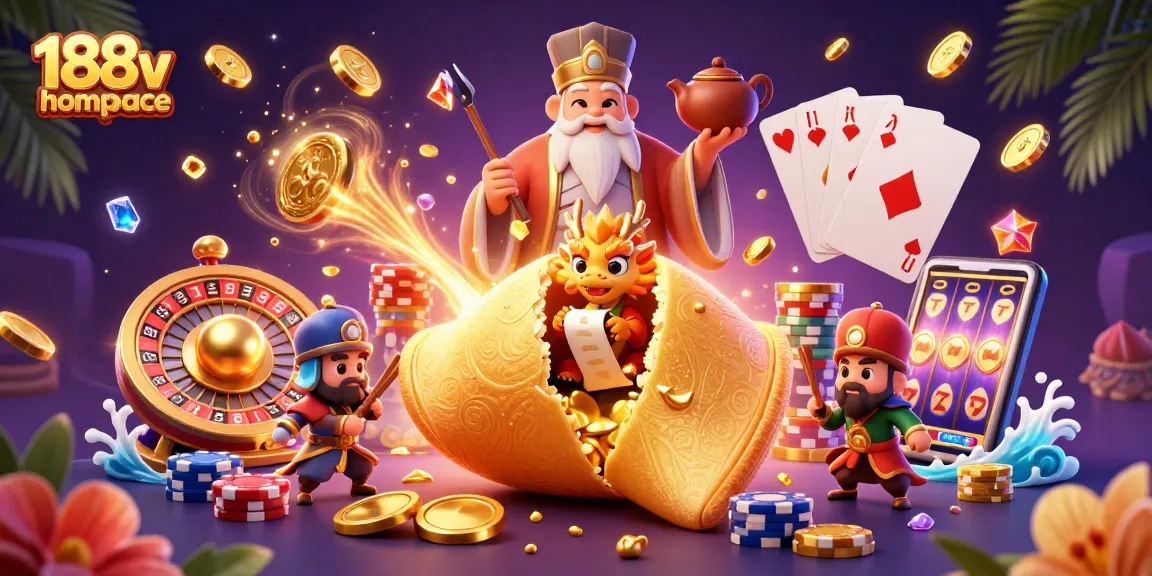 Experience the fun at 188v homepage with a golden fortune cookie and casino excitement.