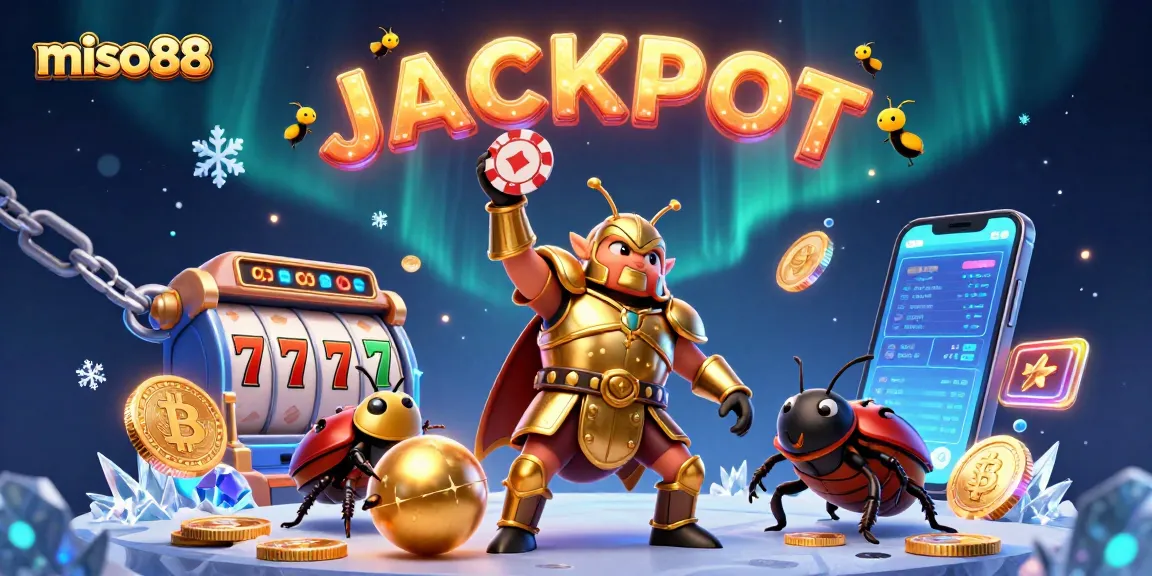 Experience the excitement of miso88 with this vibrant casino-themed 3D illustration featuring jackpot and victory.