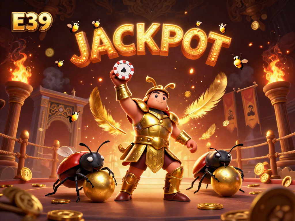 Experience the thrilling E39 jackpot moment with colorful 3D characters and casino elements in a vibrant illustration.