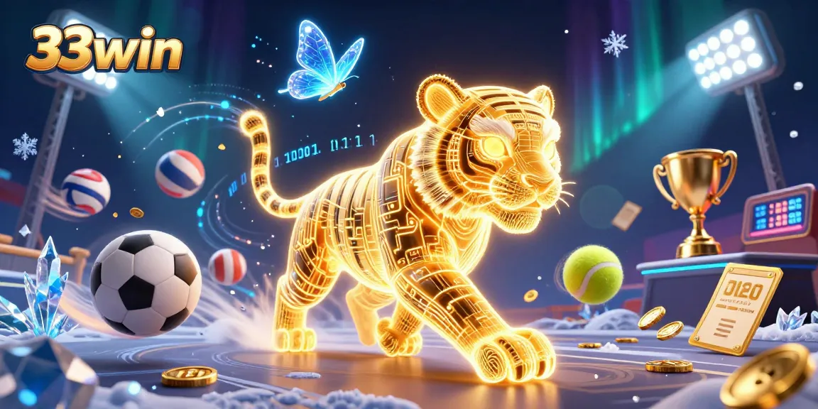 Experience the excitement of 33win with a vibrant casino scene showcasing a golden tiger and dynamic gambling elements.
